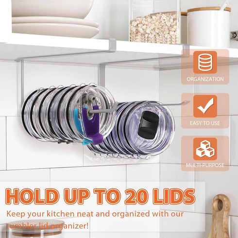 2 Pack 20 Tumbler Lid Organizer, Horizontal Tumbler Lid Storage Hook Up to Lids, Space Saving Cup Lid Holder Under