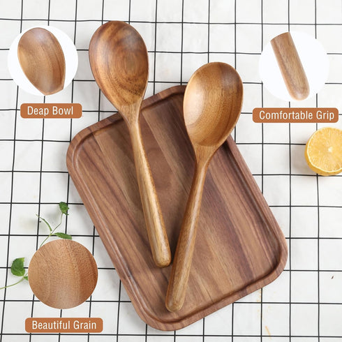 Kitchen Wooden Cooking Spoon Set, 2 Pieces - Solid Acacia Wood Serving Spoons for Mixing, Stirring, Nonstick Utensils
