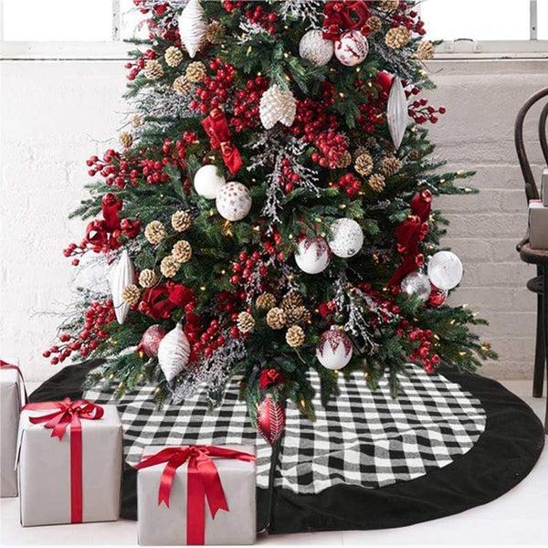 Black and White Buffalo Plaid Check Christmas Tree Skirt - 48 inches Double Layers Holiday Ornaments
