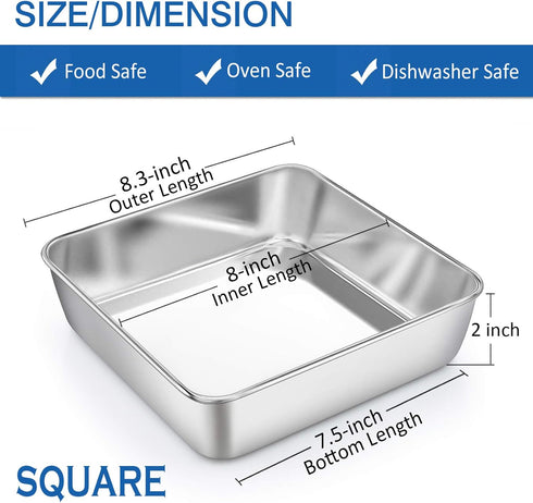 P&P CHEF 8 Inch Square Baking Cake Pan, 2 Pcs Stainless Steel Toaster Oven Pans Bakeware for Birthday Cake Lasagna Brownie, Non-toxic & Healthy, Leakproof & Heavy Duty, Easy Clean & Dishwasher Safe by P&P CHEF