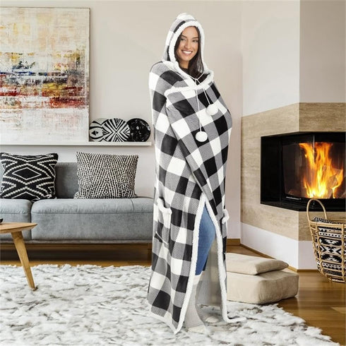 Premium Wearable Hooded Blanket for Adults 71"x51" - Super Soft, Lightweight, Microplush, Cozy Buffalo Plaid White/Black