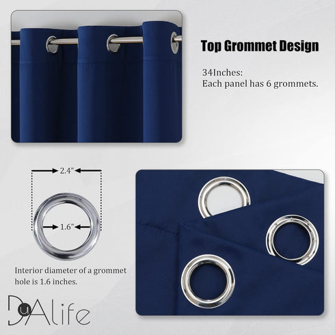 34 Inch, Grommet 34" 54" 2 DUALIFE Navy Blue Kitchen Curtains, Short Blackout Curtains for Kids Bedroom Play Room