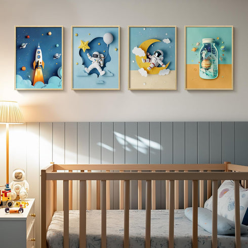 4 Framed Space Astronaut Cool Wall Art for Nursery Decor, Piece Modern Space Themed Canvas Prints Artwork for Walls