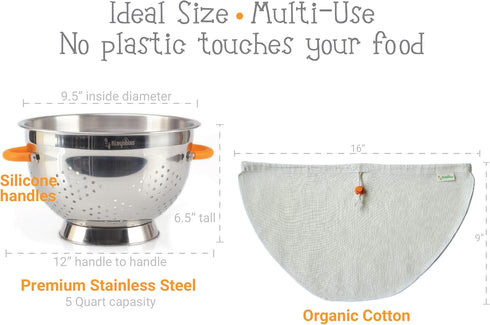 Set: 5-Quart Greek Yogurt Strainer Stainless Steel Colander & Bowl with Organic Cotton Strainer Pouch | Premium Greek