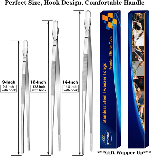 JETKONG Set of 3 Extra Long Kitchen Tweezers, Heavy Duty Stainless Steel Cooking Tweezers (9, 12, 14 Inch, Silver)