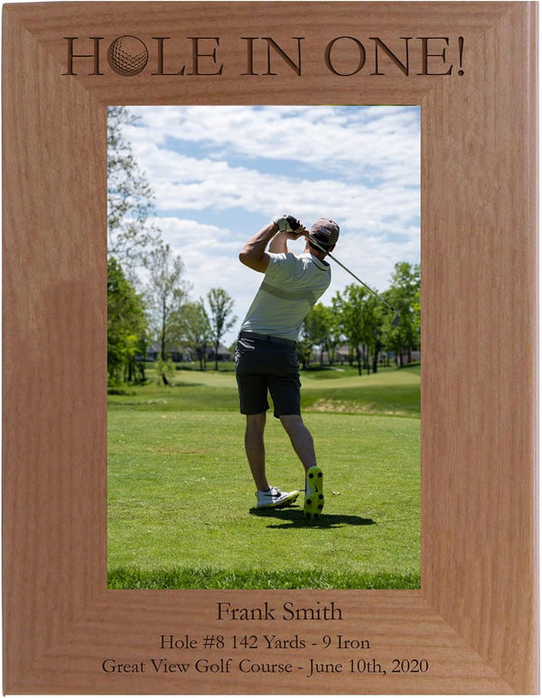 Personalized Hole-In-One Golf Laser Engraved Solid Natural Alder Wood Custom Frame for 4x6-inch Vertical Photos