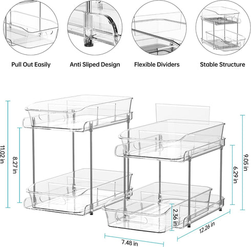 Delamu 2 Sets of 2-Tier Clear Under Sink Organizers, Multi-Purpose Stackable Bathroom Cabinet Storage
