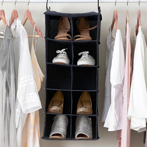 Closet 10 Household Essentials Hanging Cotton Blend and Plastic Shoe Organizer with Storage Compartments, Denim