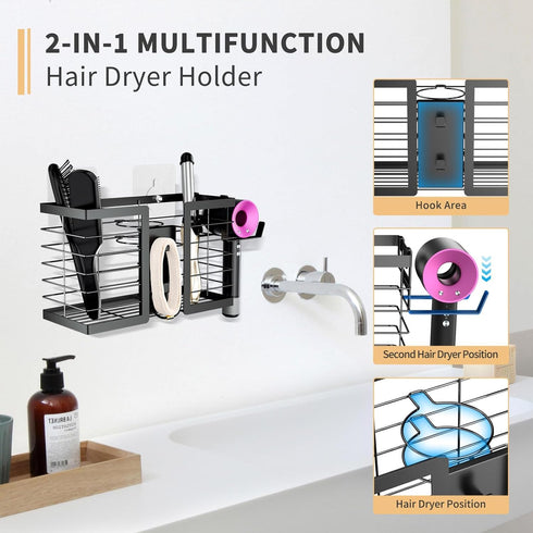 Hair Tool Organizer - 3 in 1 Metal Bathroom Holder for Hair Dryer, Flat Iron, Curling Iron Storage (Black)