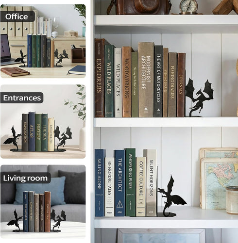 ENCIMART Dragon Metal Bookends Decorative, Unique Office Desk Book Ends for Shelves Bookshelf Home Office Desk