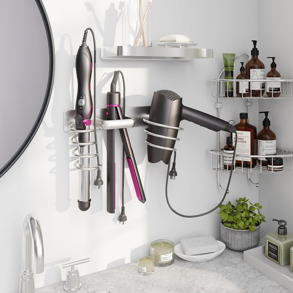 hicorfe Hair Dryer Holder 3 in 1, Wall Mounted Organizer for Bathroom Bedroom Hair Care Styling Tools