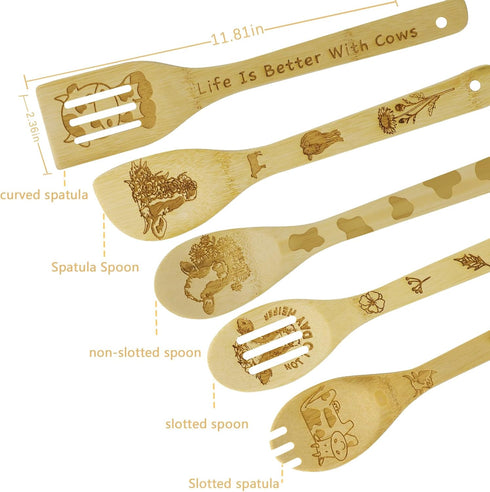 Cow Gifts for Women, Kitchen Decor Cooking Utensils Set with Unique Bamboo Spoons, Apron, Personalized Gift Idea for Mom