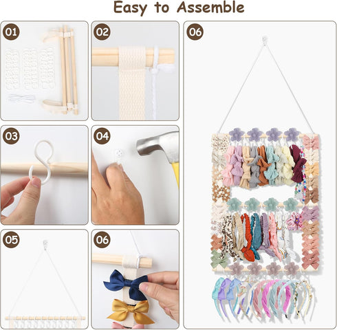 30 Decor(20x15inch,Beige) Headband Holder Hair Bow Organizer for Girls, Bow Holder Display w/ Hooks, Wall Hanging Claw