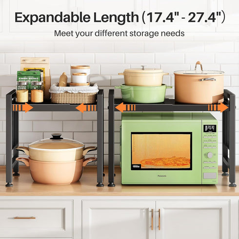 Expandable Microwave Stand Countertop, 2-Tier Adjustable Rack with 8 Hooks & 2 Holders, Heavy Duty Carbon Steel Shelf