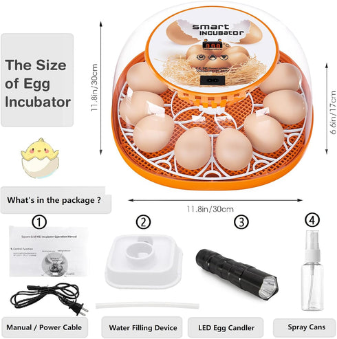 12 Egg Incubator with Automatic Egg Turning and Temperature Control, Automatic Water Adding, LED Egg Candler