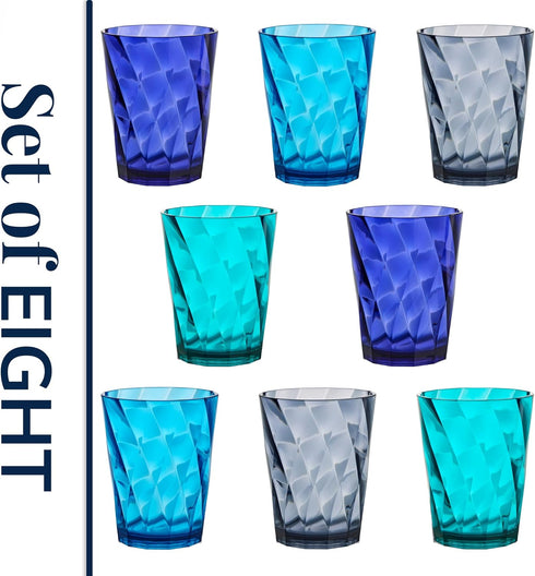 US Acrylic Optix 14oz Reusable Drinking Glasses (Set of 8) in Coastal Colors | BPA-Free Tumblers, Made in USA |