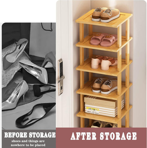 Closet Bamboo Shoe Rack - Vertical Shoe Rack for Small Spaces, Tall Narrow Shoe Rack Organizer for Entryway Corner