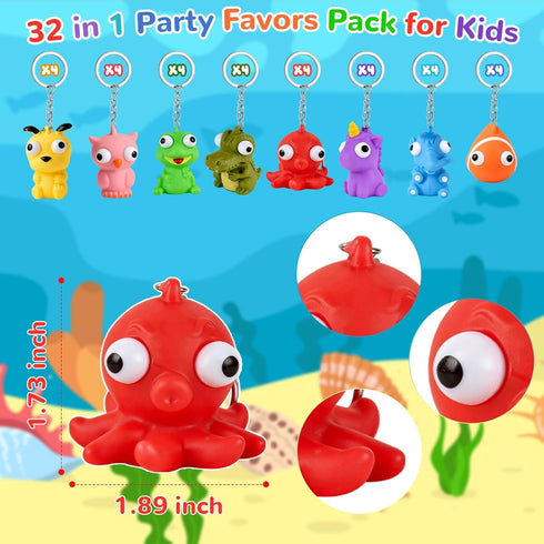 HOZUZER 32 Packs Squishy Toys Kids Party Favors - Popping Eyes Animal Keychains, Fidget Toys Bulk for Kids Birthday