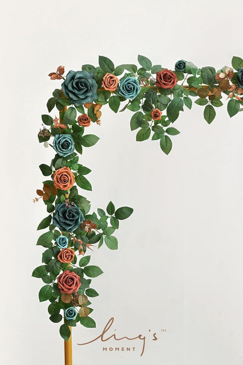 5FT Ling's Moment Teal Blue Artificial Flower Garland Burnt Orange Rose Eucalyptus Leaves Floral Garland Arch Flowers