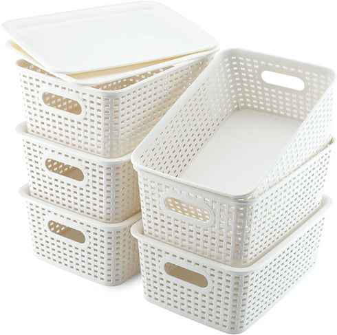 AREYZIN Plastic Storage Baskets with Lid, 6 Pack Lidded Organizing Containers for Shelves & Drawers