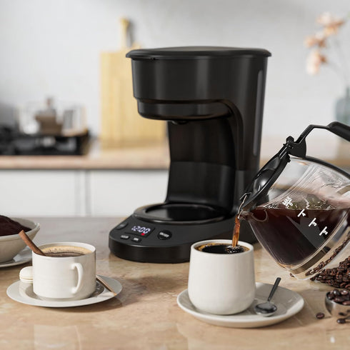 5 Programmable 25oz WAA Cup Drip Coffee Maker, Portable Coffee Machine with Glass Pot, Includes Hot Plate and Reusable