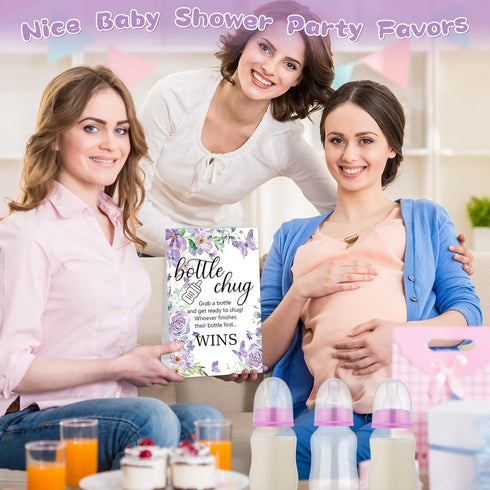 TrelaCo Baby Shower Game Sign, 20 Pcs Baby Bottles Favor Set with Greenery Flowers, Bear, Butterfly (Purple, Butterfly)