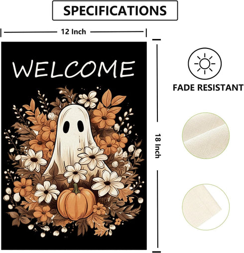 Welcome Fall Garden Flag Ghost Pumpkin 12×18 Inch Double Sided Burlap Flag for Outdoor Halloween Decor