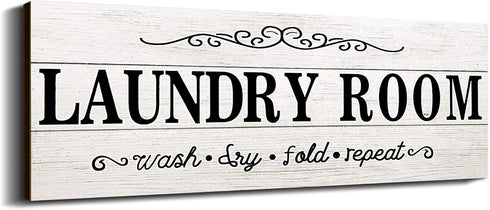 Laundry Room Decor Sign, Wooden Rustic Farmhouse Family Wall Sign, Wash Dry Fold Repeat, 16 x 6 Inches, White