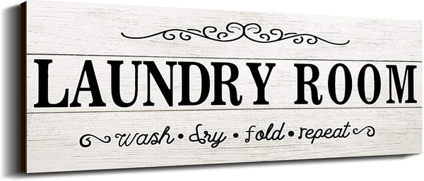 Laundry Room Decor Sign, Wooden Rustic Farmhouse Family Wall Sign, Wash Dry Fold Repeat, 16 x 6 Inches, White