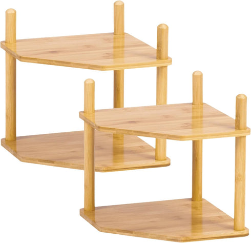 2Pcs 2-Tier Expandable Bamboo Corner Shelf - Dish/Plate Organizer for Cabinet, Kitchen