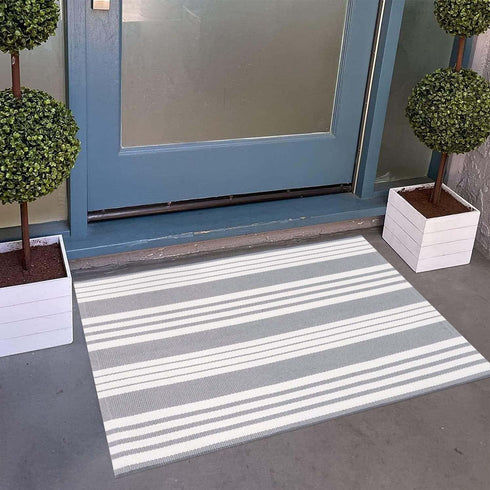 Grey and White Striped Doormat 24'' x 35'', Machine Washable Indoor Outdoor Rug for Front Porch