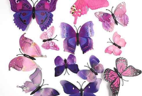 12 Pcs Purple Butterflies Double Wings Refrigerator Magnets, Removable Wall Decal Decoration