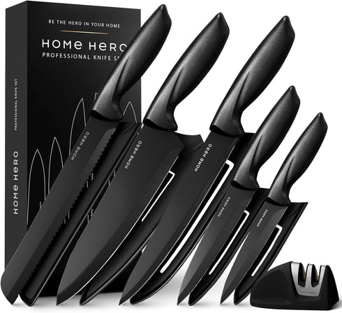 Home Hero 11 Pcs Kitchen Knife Set - High Carbon Stainless Steel Knife Block Set with Sharpener and Ergonomic Handles