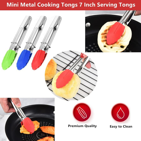 Mini Kitchen Tongs with Silicone Tips - 3 Set of 7 Inch Non-stick Small Tongs for Cooking and Serving (Multi-Color)