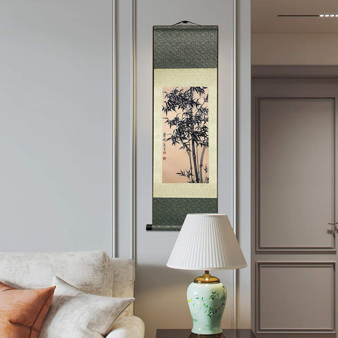 AtfArt Asian Wall Decor, Beautiful Silk Scroll Painting Bamboo Leaf Plant - Ancient Bamboo Oriental Decor (36.2 x 12 in)