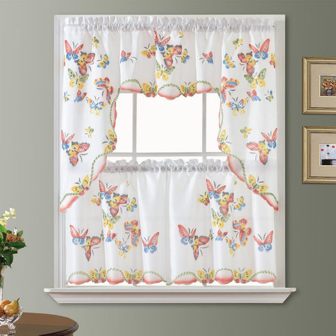 GOHD 3pcs Kitchen Curtain/Cafe Curtain Set - Farmhouse Air-Brushed Flying Butterfly Design (Swag and 24 inches Tiers)