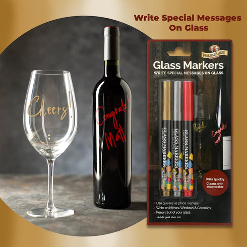 Parker & Bailey 3 Pack Glass Markers, Metallic Washable Wine Markers for Ceramics, Bottles, and Drink Glasses