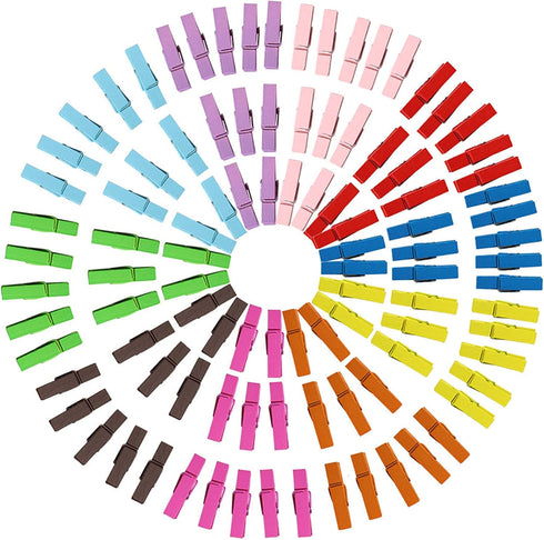 Wooden Clothes Pins, 100pcs 1.3 Inch (3.5cm) Mixed Colored Small Clips with 33 Feet Jute Twine