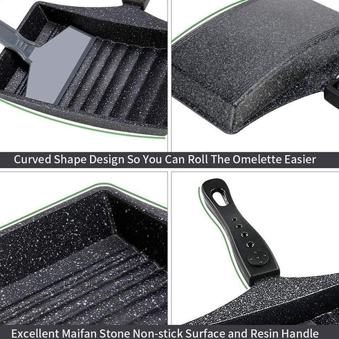 Tamagoyaki Frying Pan, Non-Stick Wave Bottom Maifanite Stone Egg Roll Pan for Omelette, Japanese Snacks, Black