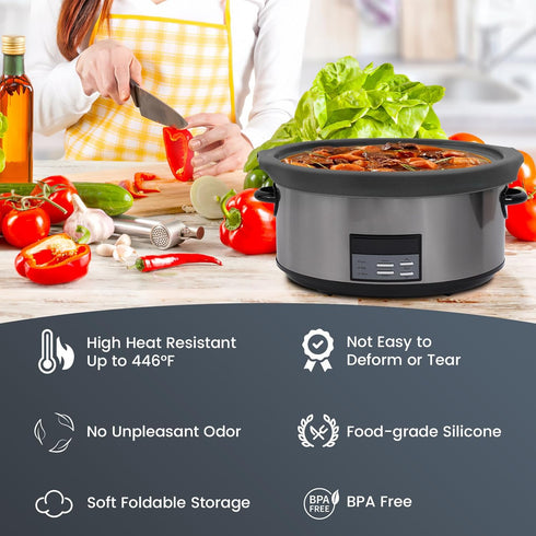 Slow Cooker Liners, Reusable & Leakproof Silicone for 7-8 QT Crock Pot, Dishwasher Safe, BPA Free (Grey)