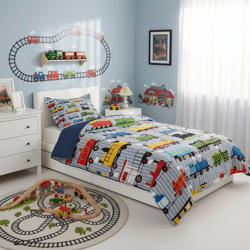 Set Sets 2Pcs,Gray, Erosebridal Boys Comforter Toddler Size Train Bedding, Colorful Steam Engine Truck Bedding