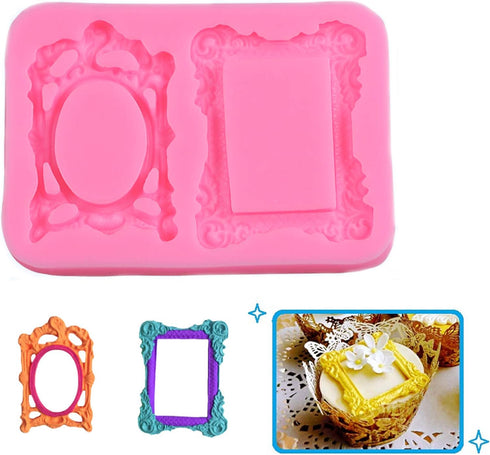 3 Pieces Pink Silicone Picture Frames Mold for Cake Decorating, Sugar Gum Paste, Chocolate Cookies, Resin