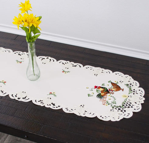 Country (15Wx54L) Embroidered Rooster Chic Lace Farmhouse Table Runner, Dresser Scarf, Coffee Table Runner