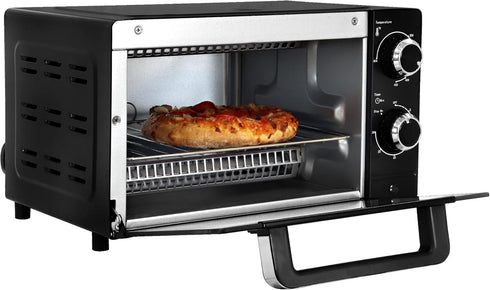 Total Chef 4 Slice Toaster Oven, Compact Kitchen Appliance for Pizza, Bake, Toast, Broil, Black and Stainless Steel
