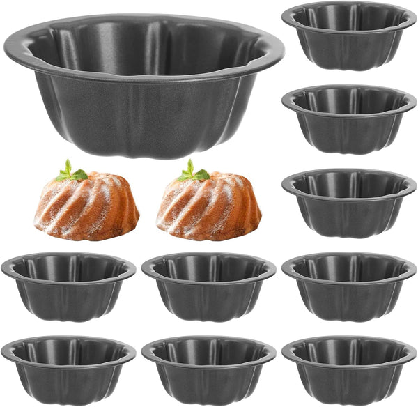 ZENFUN Set of 10 Mini Fluted Tube Pan, 4 Inch Nonstick Carbon Steel Cake Mold for Baking