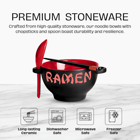 Ramen Bowl Set with Chopsticks and Spoon - Red Microwavable Ceramic Ramen Bowl Set - Use as Ramen Noodles Bowl, Pho Bowls & Japanese Dish Set - Ramen Bowl with Chopsticks and Soup Spoon (18 Ounce) by Goodscious