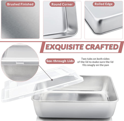 E-far Square Cake Pan Set with Lid, 6/8/9-Inch Stainless Steel Bakeware Set of 3, Easy Clean & Dishwasher Safe