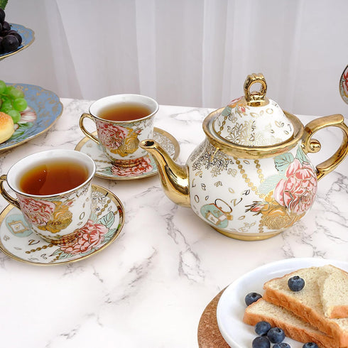 TEASFUSION 20 Set Set, Set Pieces European Vintage Ceramic Tea with Metal Cup Holder, Adult Tea Women's Afternoon Tea
