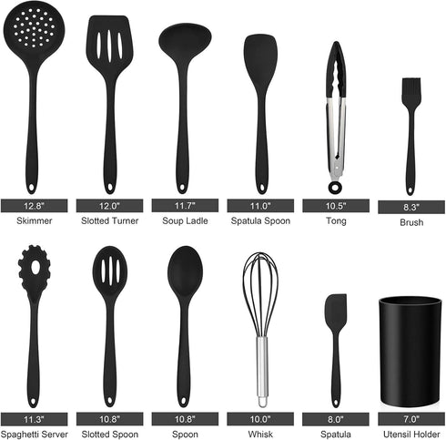 LIANYU 12-Piece Black Silicone Kitchen Cooking Utensils Set with Holder, Kitchen Tools Include Slotted Spatula Spoon Turner Ladle Tong Whisk, Dishwasher Safe by LIANYU