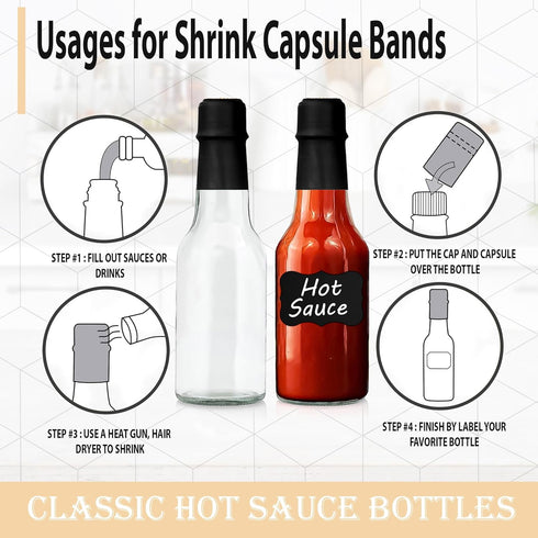 MEM WORLDSHOP (woozy) 8.5 oz (6 Pack) Clear Glass Hot Sauce Bottle with Black Cap and Orifice Reducer - - Empty Wine